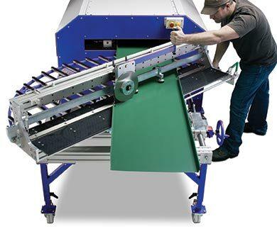 Exit rotary shear cutting a 45 degree angle.